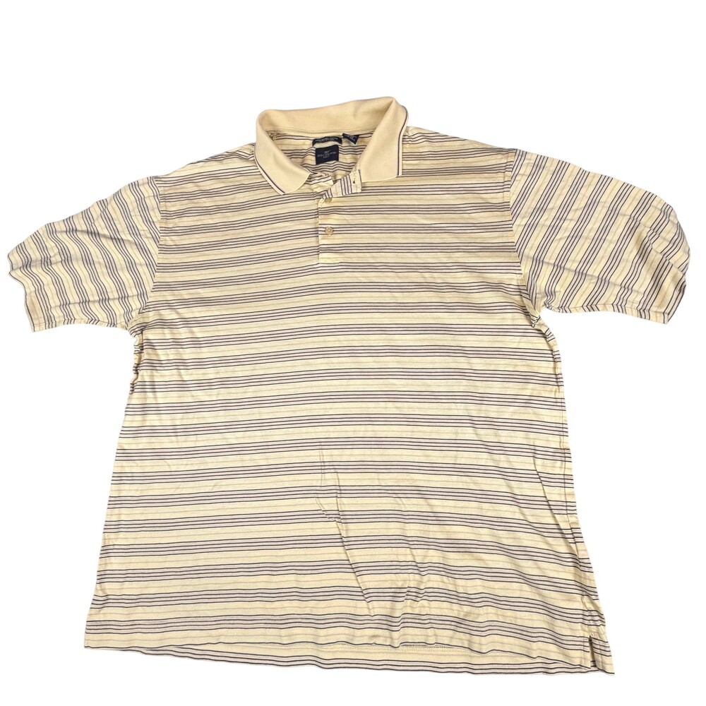 Dockers Polo Shirt Mens XL Cream Navy Striped Golf Preppy Vacation Cotton Button